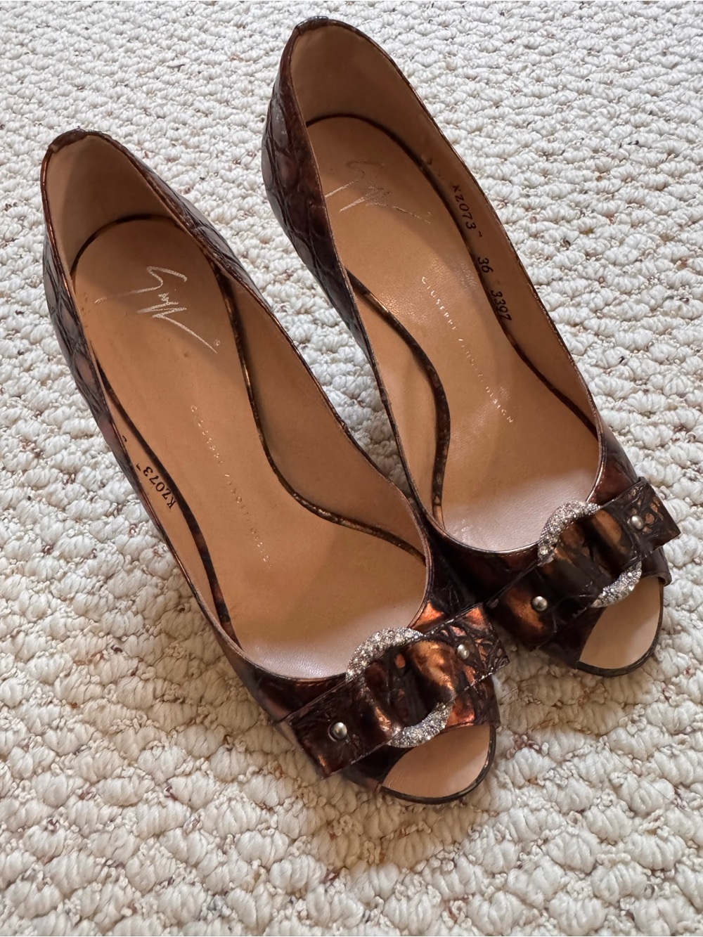 Giuseppe Zanotti Brown Metallic Croc Peep-Toe Heels with Crystal Buckle